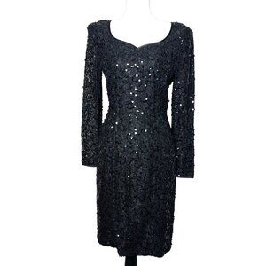 Vintage Morton Myles Black Sequin Lace Cocktail Dress Long Sleeve Sheath Small